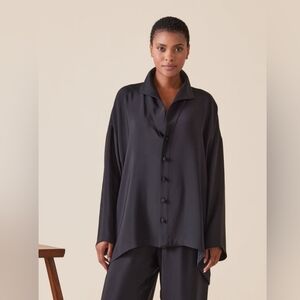 Vintage Winter Silks Black Silk Padded Shoulder Large Collar Shoulder Shirt L